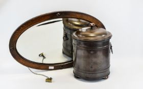 Antique Oval Mirror And Brass Coal Scuttle The mirror housed in dark oak frame of plain form with