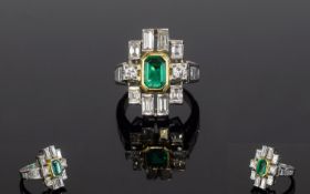 Ladies Platinum Set 1950's Stunning Emerald and Diamond Cocktail Ring set with a central mounted