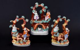 Staffordshire Mid 19th Century Hand Painted Multi-Coloured Bogage Figural Groups ( 3 ) Three In