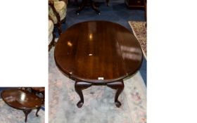 Mahogany Drop Leaf Coffee Table raised on short cabriole legs. 15 inches in height, 49 x 34 inches.