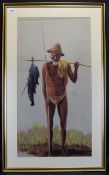 African Figurative Chalk Pastel Drawing Depicting a fisherman with fishes attached to a crude wooden