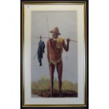 African Figurative Chalk Pastel Drawing Depicting a fisherman with fishes attached to a crude wooden