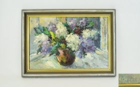 Valter Berezins ( 1925 - 2009 ) Modern Impressionist Oil Painting on Board, Stillife of Flowers In a