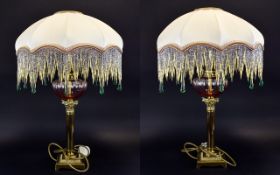 Antique Pair of Very Stylish Brass Column Oil Lamps - Converted to Art Deco Style Electric Table