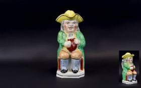 Staffordshire Early 19th Century Toby Jug, Gentleman Holding a Large Jug of Ale and Clay Pipe,