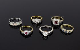 Six Silver Gemstone Rings To include silver tone and faux opal, red stone square set,