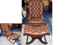 Brown Leather Button Back Chesterfield Open Armchair with matching stool