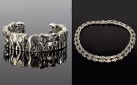 Heavy Silver Elephant Walk Bangle and Fleur-de-Lys Collar Necklace, the open bangle,