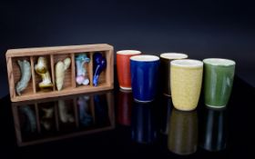 Vintage Boxed Set Of Japanese Sake Cups And Chopstick Holders Set of five earthenware cups with