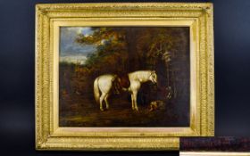 Equestrian Interest 19th Century Oil On Canvas Housed in original, ornate gilt gesso frame.