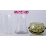 Whitefriars, attributed, a clear glass cut vase, crimped rim in pink,