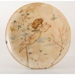 Minton pottery plaque, painted with a cherub and a butterfly by William J Coleman,