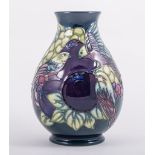 Sally Tuffin for Moorcroft, 'Finches' a vase, 1994, teal colourway, stamped Pottery marks,