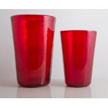 Marriott Powell for Whitefriars, two ribbed Tumbler vases, pattern 8473, ruby colourway,