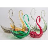 Whitefriars, five glass swans, four various colourways, 20cm high, and one small ruby colourway,