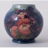 Sally Tuffin for Moorcroft, 'Finches' a globe vase, 1990, blue ground colourway, stamped marks, 16.