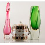 Murano tinted glass angular vase, 30cm, two other Murano vases, decorative ceramics,