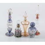 Collection of modern and vintage glass perfume bottles, some miniature, six liqueur glasses.