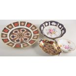 Royal Crown Derby Imari pattern plate with other Crown Derby plates, figure of birds,