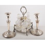 Pair of silver candlestick, with other platedware, teapots and cruet set, one box.