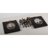 Two miniatures and a cold painted spelter donkey group, 9cm tall, (3).