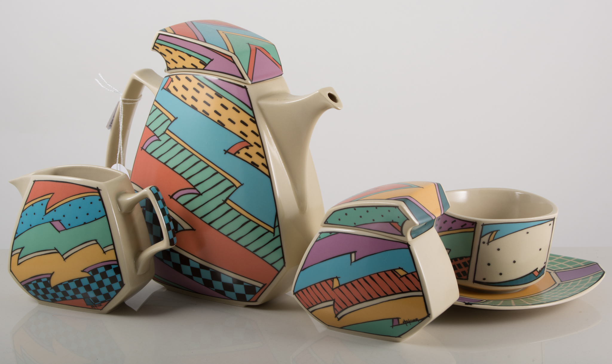 WITHDRAWN - Rosenthal tea set, 1980s post-modern design, comprised of a teapot, milk, sugar,