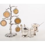 Small silver condiments and family tree, electroplate chafing dish.