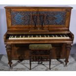 Victorian upright piano, the top with hinged section, fretwork and fabric-backed panel to the front,