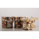 Two Crown Derby porcelain mugs, circa 1800, in the imari pattern, 11cm high,