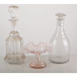 Three Victorian decanters and three Royal commemorative glass plates,