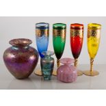 Coloured glassware, including Isle of Wight vases, Murano glass baskets,