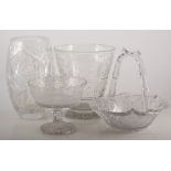 Quantity of cut and pressed glassware, two baskets, two comports, jug and two vases, (7).
