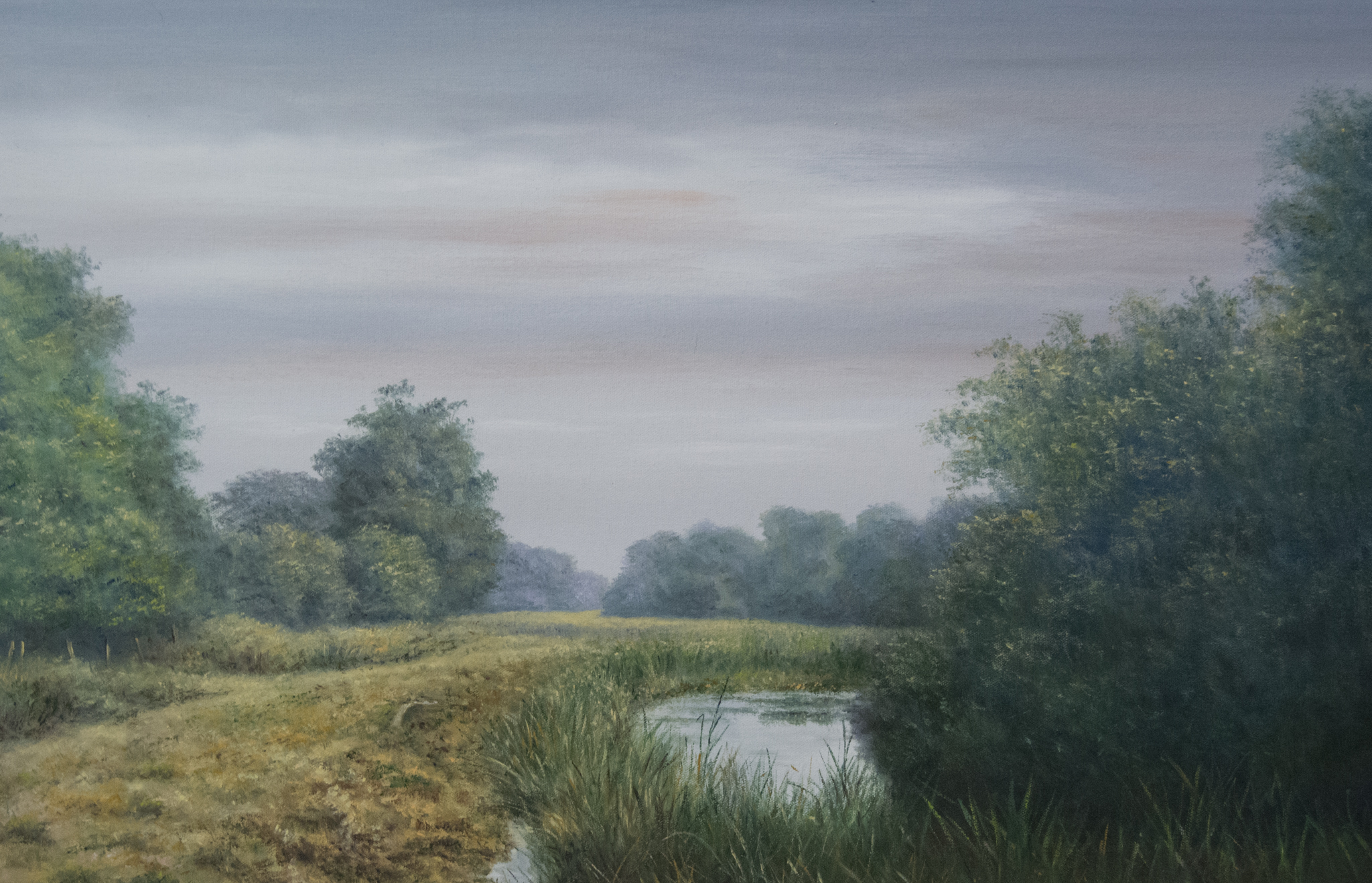 Reg Brown, Stream in a Meadow, oil on canvas, 49cm x 75cm,