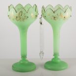 A pair of Edwardian green glass lustres, traces of gilt, glass droplets, 30cms.