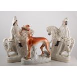 Pair of Staffordshire equestrian figures, 35cm tall and a Greyhound dog with game, 29cm tall (3).