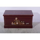 Modern painted pine toybox, stencils under applied decoration, width 93cm, depth 47cm, height 47cm.