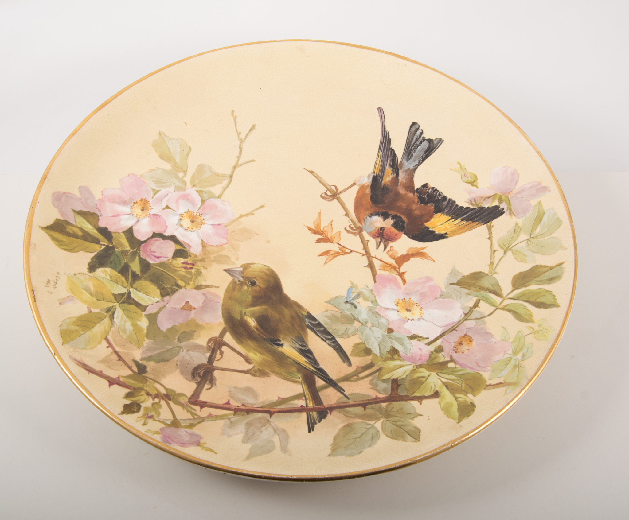 Minton art pottery charger, hand painted with finches amongst bramble blossom, painted by AG Henk,