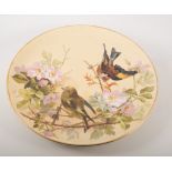 Minton art pottery charger, hand painted with finches amongst bramble blossom, painted by AG Henk,