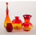 Blenko Art Glass: a large decanter with stopper, a cubist form form, handkerchief vase,