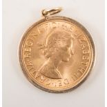 Full Sovereign Queen Elizabeth II 1965 in a plain 9 carat yellow gold pendant mount,