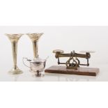 Box of metalware, silver-plated teaware, vases etc, set of postal scales.