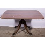 George III mahogany breakfast table, rectangular top, raised on short ringed column,