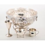 Large silver plated punch bowl, and other plated wares.