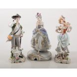 Pair of Sitzendorf porcelain figures, lady and gentleman gardeners, in 18th century dress,