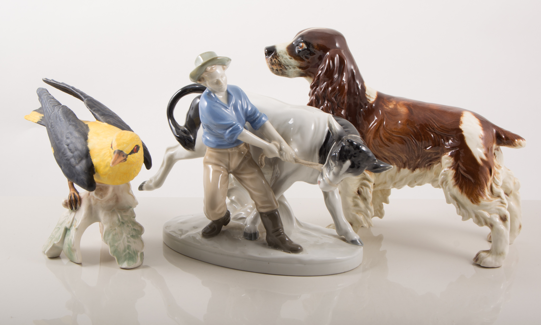 Soviet Russian pottery model of a horse, printed mark, 22cm, a Goebel dog,a Goebel Golden Oriole,