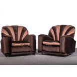 An English Art Deco three-piece lounge suite, shell-back, swept arms, comprising: two-seater settee,