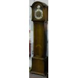 Late 20th century oak longcase clock, arched dial with silvered chapter ring,