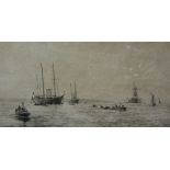 Rowland Langmaid, "Shipping off the Coast", etching, signed in pencil, 16cm x 31cm.