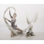 Lladro figure of dancer with scarf, 33cm, damaged, together with a Lladro model of a Dove, 28cm.