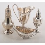 Small helmet style silver cream jug, 10cm London 1819, oval silver fluted salt Birmingham 1896,